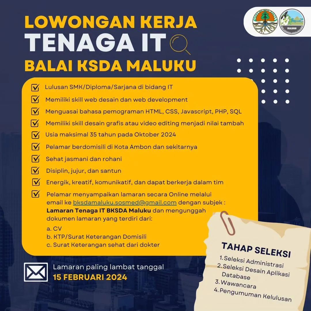 Lowongan Pekerjaan Ambon, Balai Konservasi Sumber Daya Alam (BKSDA) Maluku membuka loker Tenaga IT