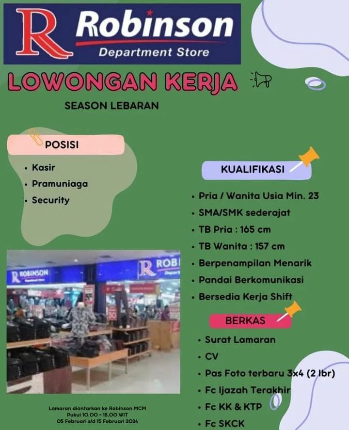 Robinson Department Store MCM buka lowongan pekerjaan sesi lebaran untuk lulusan SMA/ SMK Sederajat