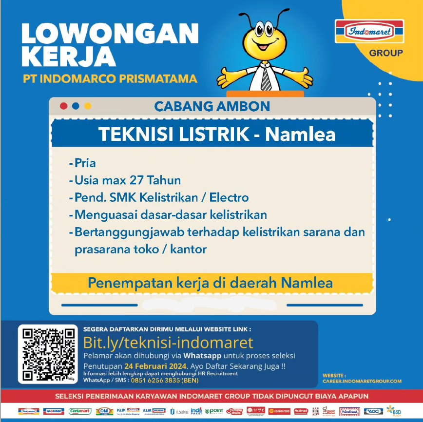 Lowongan Pekerjaan Ambon, PT Indomarco Prismatama Cabang Ambon membuka lowongan pekerjaan posisi Teknisi Listrik uuntuk penempatan kerja di daerah Namlea.