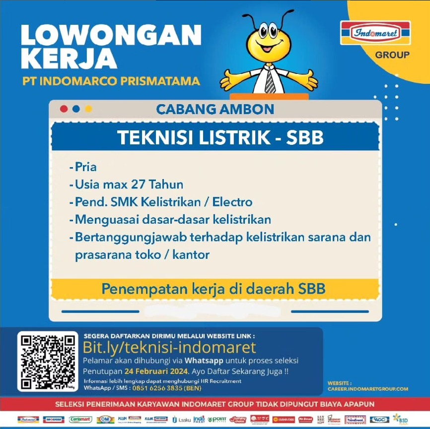 Lowongan Pekerjaan Ambon, PT INDOMARCO PRISMATAMA Indomaret Grup Cabang Ambon membuka loker Teknisi Listrik penempatan Seram Bagian Barat.