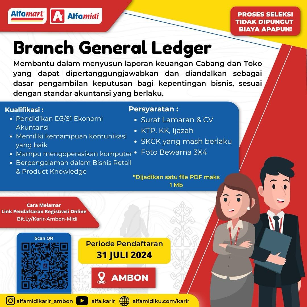 Dibuka loker lulusan D3/ S1 Ekonomi posisi Branch General Ledger di Alfamidi penempatan Ambon.