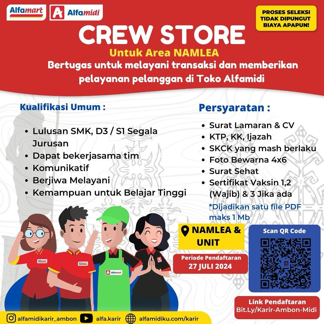 Dibuka Loker Lulusan SMK, D3/ S1 Semua Jurusan Posisi Crew Store di Alfamidi untuk Area Namlea